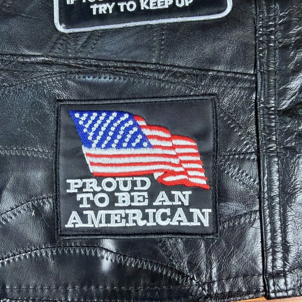 DIAMOND PLATE BUFFALO LEATHER BLACK BUTTON UP BIKER VEST WITH PATCHES XL